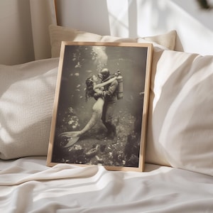 Nautical Theme Wall Art Vintage Mermaid Design Coastal Home Decor Beach House Collection Maritime Scene Artwork Black White Print Bathroom Wall Accent Ocean Theme Decoration Classic Style Underwater Scene Beautiful Diver Art