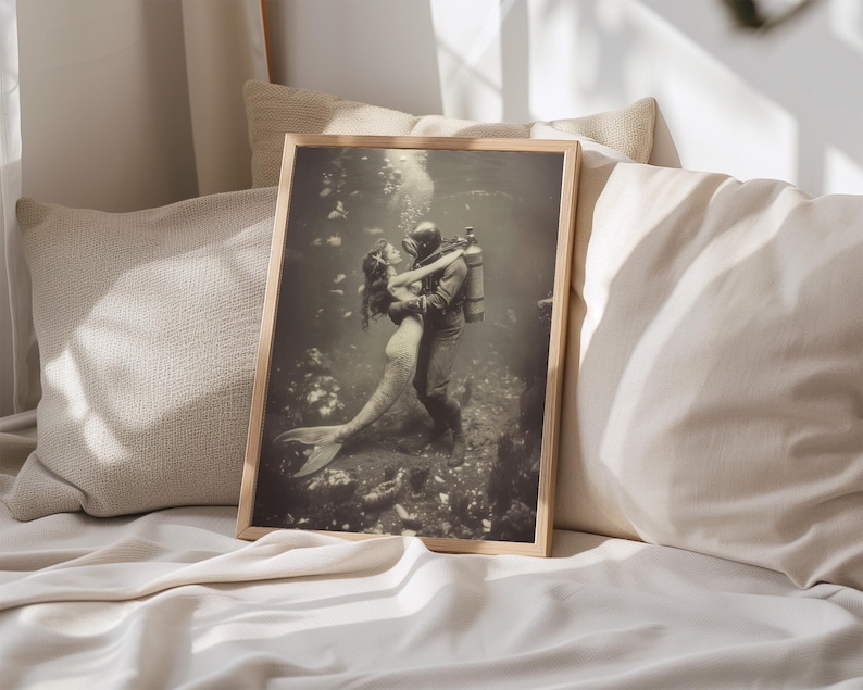 Nautical Theme Wall Art Vintage Mermaid Design Coastal Home Decor Beach House Collection Maritime Scene Artwork Black White Print Bathroom Wall Accent Ocean Theme Decoration Classic Style Underwater Scene Beautiful Diver Art