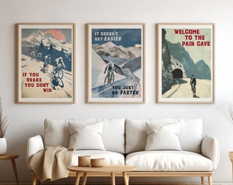 Cycling Poster Set Gift for Cyclist Motivation Prints for Bicycle Decor Mid Century Vintage Style Bike Wall Art Man Cave Idea Husband Gift