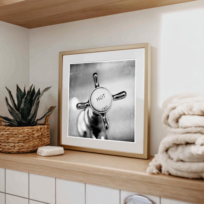 Bathroom Photo Art Vintage Taps Wall Prints for Retro Decor, Hot Cold Faucet Bath Vanity Art Black White Square Washroom Posters image 10