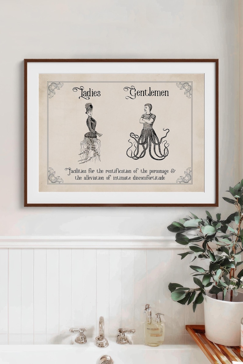 Vintage lustiges Toilettenschild | Witzige Badezimmer Kunst | Damen Herren Gothic Dekor | Steampunk Wandkunst | Eklektisches Paar Geschenk Bild 1