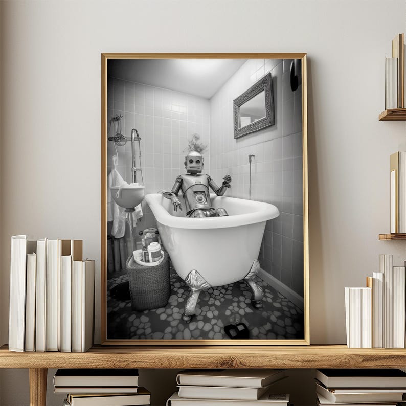 May include: A black and white photo of a robot taking a bath in a white bathtub with claw feet. The robot is sitting in the tub with its arms resting on the edge. The bathroom is tiled in white.