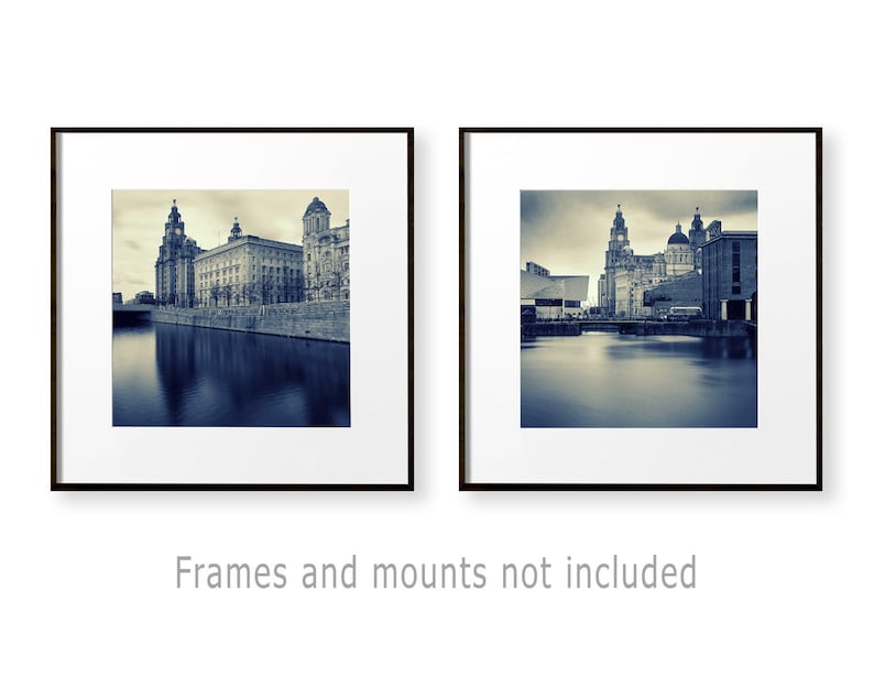 May include: Two framed black and white prints of a city skyline with buildings and water. The prints are in black frames with white mats. The text "Frames and mounts not included" is below the prints.