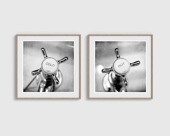 Bathroom Photo Art Vintage Taps Wall Prints for Retro Decor, Hot Cold Faucet Bath Vanity Art Black White Square Washroom Posters