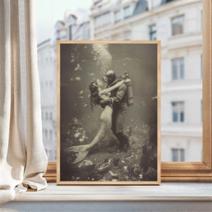 Bathroom Wall Art Vintage Mermaid Design Nautical Theme Print Coastal Home Decor Beach House Collection Maritime Scene Artwork Ocean Theme Decoration Classic Style Black White Print Beautiful Underwater Scene Elegant Accent