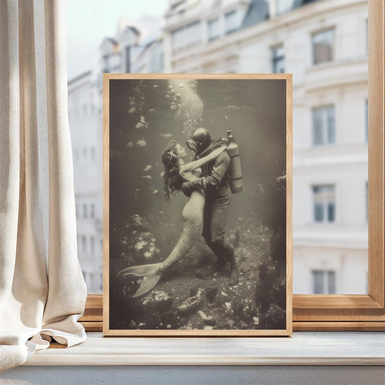 Bathroom Wall Art Vintage Mermaid Design Nautical Theme Print Coastal Home Decor Beach House Collection Maritime Scene Artwork Ocean Theme Decoration Classic Style Black White Print Beautiful Underwater Scene Elegant Accent