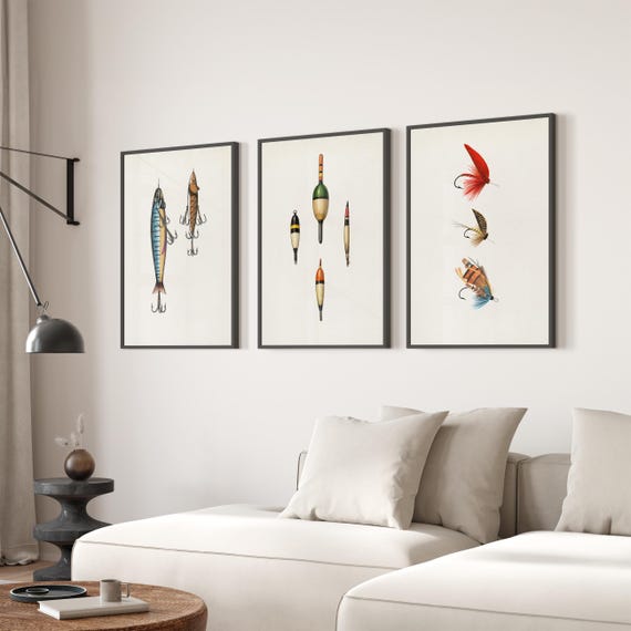 Vintage Fishing Tackle Print Set of 3 Retro Angling Wall Art Fisherman Gift for Man Cave Artwork Ilustrations Fly Fishing Gear