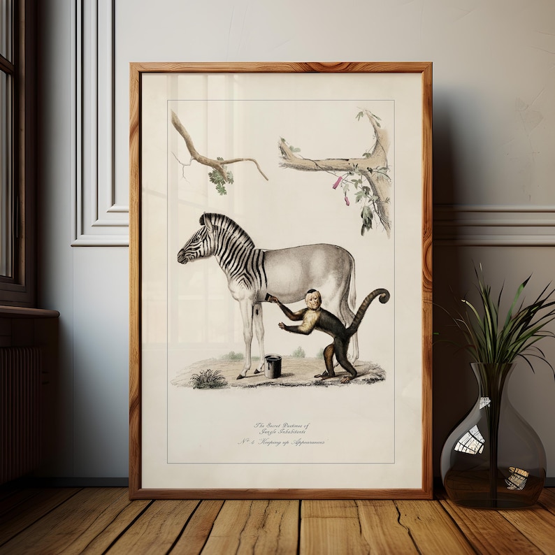 May include: A framed vintage print featuring a zebra and a monkey interacting, with botanical elements in the background. The zebra has black and white stripes. The print is in a wooden frame and is displayed on a wooden surface.
