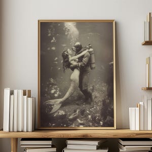 Vintage Mermaid Print Coastal Wall Decor Nautical Theme Art Black White Giclee Beach House Bathroom Artwork Ocean Scene Design Maritime Collection Underwater Diver Scene Classic Style Home Accent Beautiful Beach Decor Elegant Wall Art