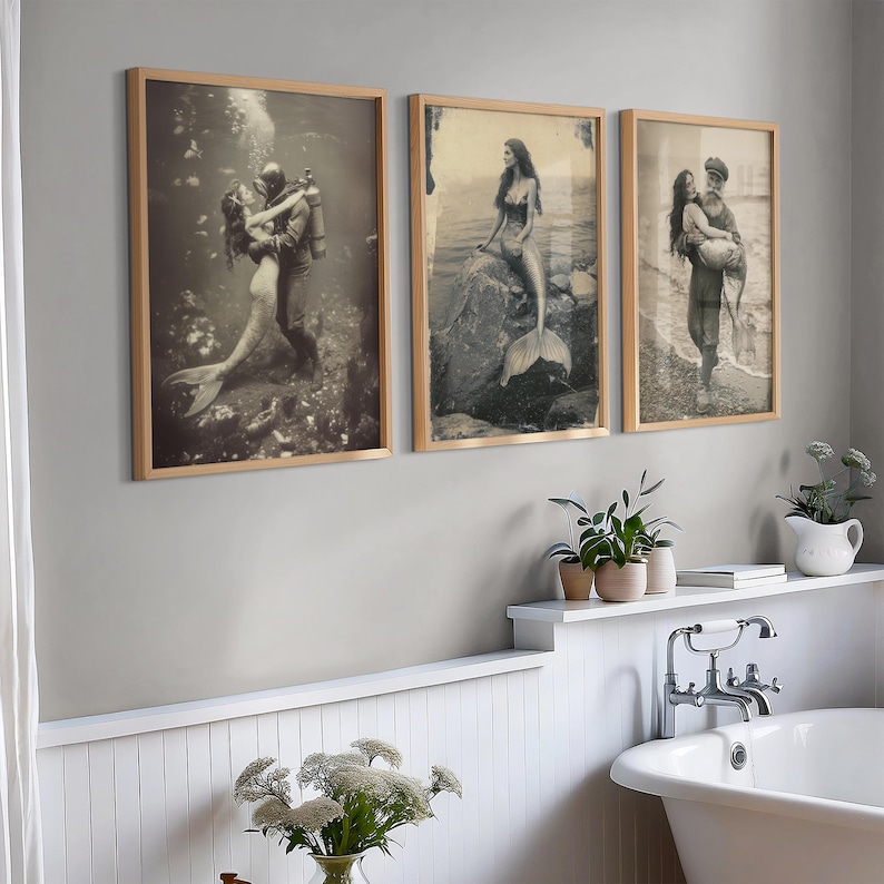 Coastal Home Decor Vintage Mermaid Artwork Beach House Collection Nautical Wall Art Design Bathroom Decor Essential Ocean Theme Style Perfect Seaside Gift Beautiful Maritime Display Classic Beach House Look Sepia Print Collection