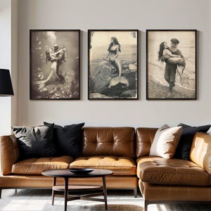 Beach House Art Collection Vintage Mermaid Print Coastal Theme Design Nautical Home Decor Beautiful Bathroom Wall Art Ocean Style Artwork Seaside Display Essential Maritime Look Perfect Beach House Gift Classic Sepia Collection