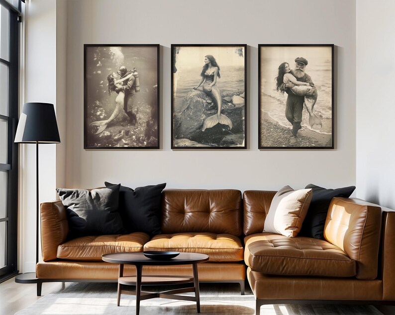 Beach House Art Collection Vintage Mermaid Print Coastal Theme Design Nautical Home Decor Beautiful Bathroom Wall Art Ocean Style Artwork Seaside Display Essential Maritime Look Perfect Beach House Gift Classic Sepia Collection