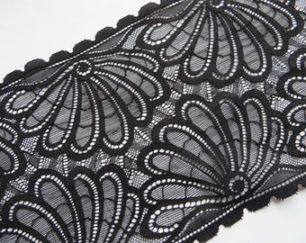 NEW 1m high quality black elastic lace 17cm wide flowers