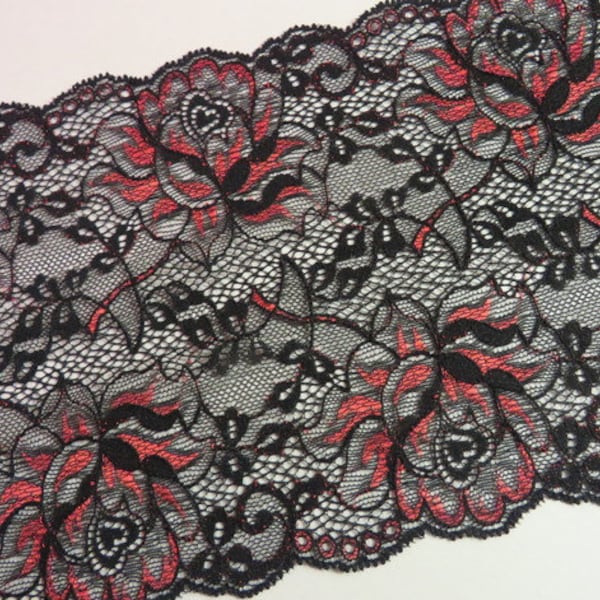 2 m black elastic lace with red roses 17 cm wide