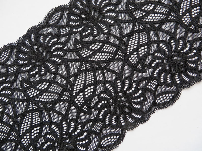 NEW 2 m high quality black elastic lace 16 cm wide flowers image 1