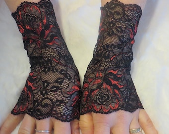 Black and red elastic lace leg warmers, 17 cm long, size M