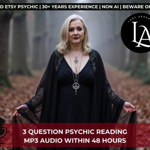 Puede incluir: Una mujer con un vestido negro y una capa se encuentra en un entorno forestal. La imagen incluye el texto "TRUSTED ETSY PSYCHIC | 30+ YEARS EXPERIENCE | NON AI | BEWARE OF FAKES" y "3 QUESTION PSYCHIC READING MP3 AUDIO WITHIN 48 HOURS". También es visible un logotipo con el texto "LADY AKASHA PSYCHIC".
