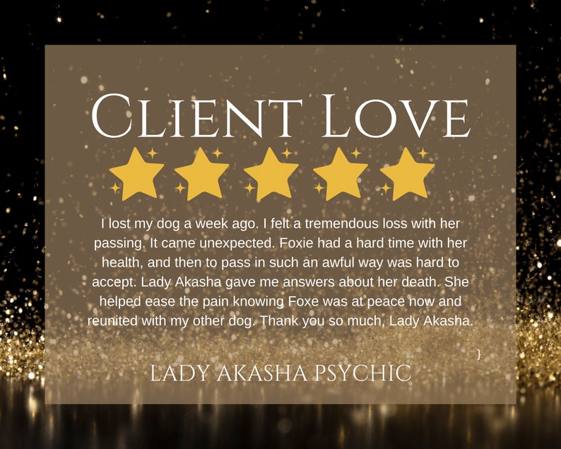 Puede incluir: Gr&aacute;fico dorado y marr&oacute;n con las palabras "CLIENT LOVE" y cinco estrellas doradas. El texto a continuaci&oacute;n comparte un testimonio sobre una lectura ps&iacute;quica de Lady Akasha.