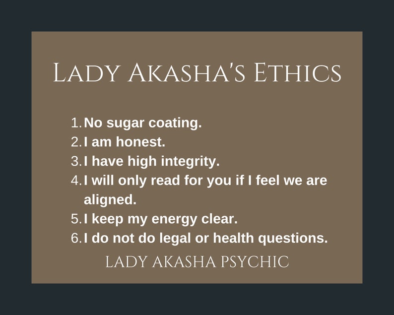 Op de afbeelding: Een afbeelding met de tekst "LADY AKASHA'S ETHICS" in witte letters. De tekst geeft zes ethische principes weer, waaronder eerlijkheid en integriteit, tegen een bruine achtergrond. De onderkant van de afbeelding luidt "LADY AKASHA PSYCHIC."