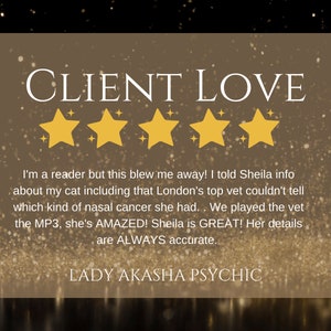 Puede incluir: Gr&aacute;fico dorado y marr&oacute;n con las palabras "CLIENT LOVE" y cinco estrellas doradas. El texto a continuaci&oacute;n dice: "I'm a reader but this blew me away!" y un testimonio para Lady Akasha Psychic.