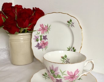 Vintage Colclough rose tea cup trio.