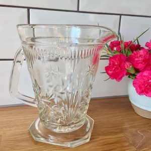 Art Deco vintage pitcher or glass jug. Pressed glass water jug.