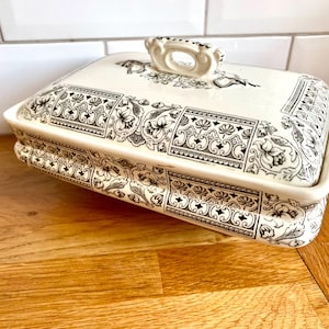 Può includere: Piatto da portata rettangolare in ceramica color crema con coperchio. Il piatto e il coperchio sono decorati con un motivo floreale e a volute nero. Il coperchio ha un manico e il piatto ha manici a ciascuna estremità.