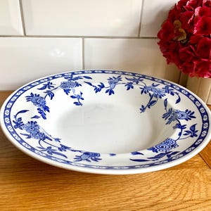 Peut inclure: Un bol à soupe blanc avec un motif floral bleu. Le bol a un bord large et un puits profond. Le motif floral présente des fleurs et des feuilles bleues sur un fond blanc.