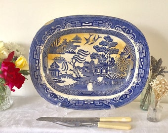Antique willow platter. Blue and white transferware. Meat plate.