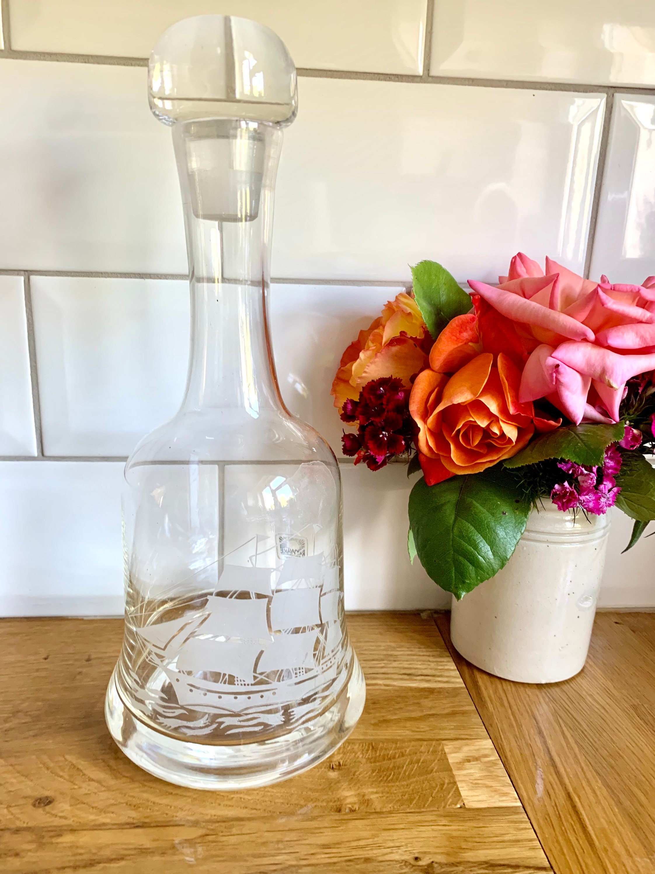 Rayware Glass Vintage Rayware Glass Decanter: Etched Nautical Ship Design - Etsy UK