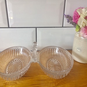 Vintage clear glass divided serving bowl.