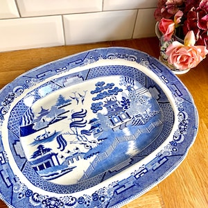 Antique willow platter. Blue and white transferware. Meat plate.