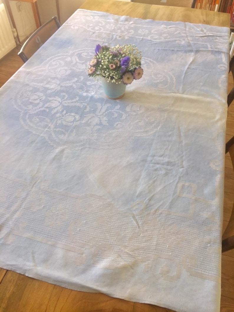 Vintage Blue and White Damask Tablecloth. Etsy