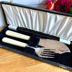 May include: A black velvet-lined box containing a silver butter knife and fork with ivory handles. The box has a brass clasp.