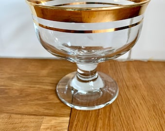 Vintage 1930s Pressed Glass Footed Bowl, Fluted Edge Candy Dish. Gold banded.