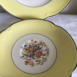 以下が含まれることがあります： 花柄のヴィンテージイエロープレート2枚。 プレートは、カラフルな花のブーケと黒いトリムが付いた白い中心部を持っています。 外側のリムはソフトイエローです。
