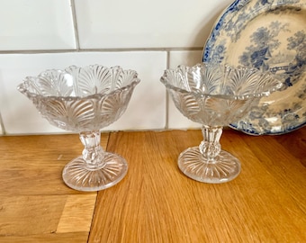 Vintage 1930s Pressed Glass Footed Bowls, Fluted Edge Candy Dishes.