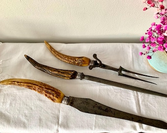 Vintage Horn Handle Carving Set: Knife, Fork & Sharpener
