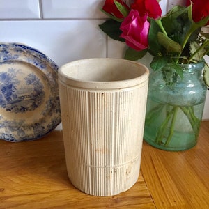 Può includere: Un vaso di ceramica bianca con un design a coste. Il vaso è appoggiato su una superficie di legno.