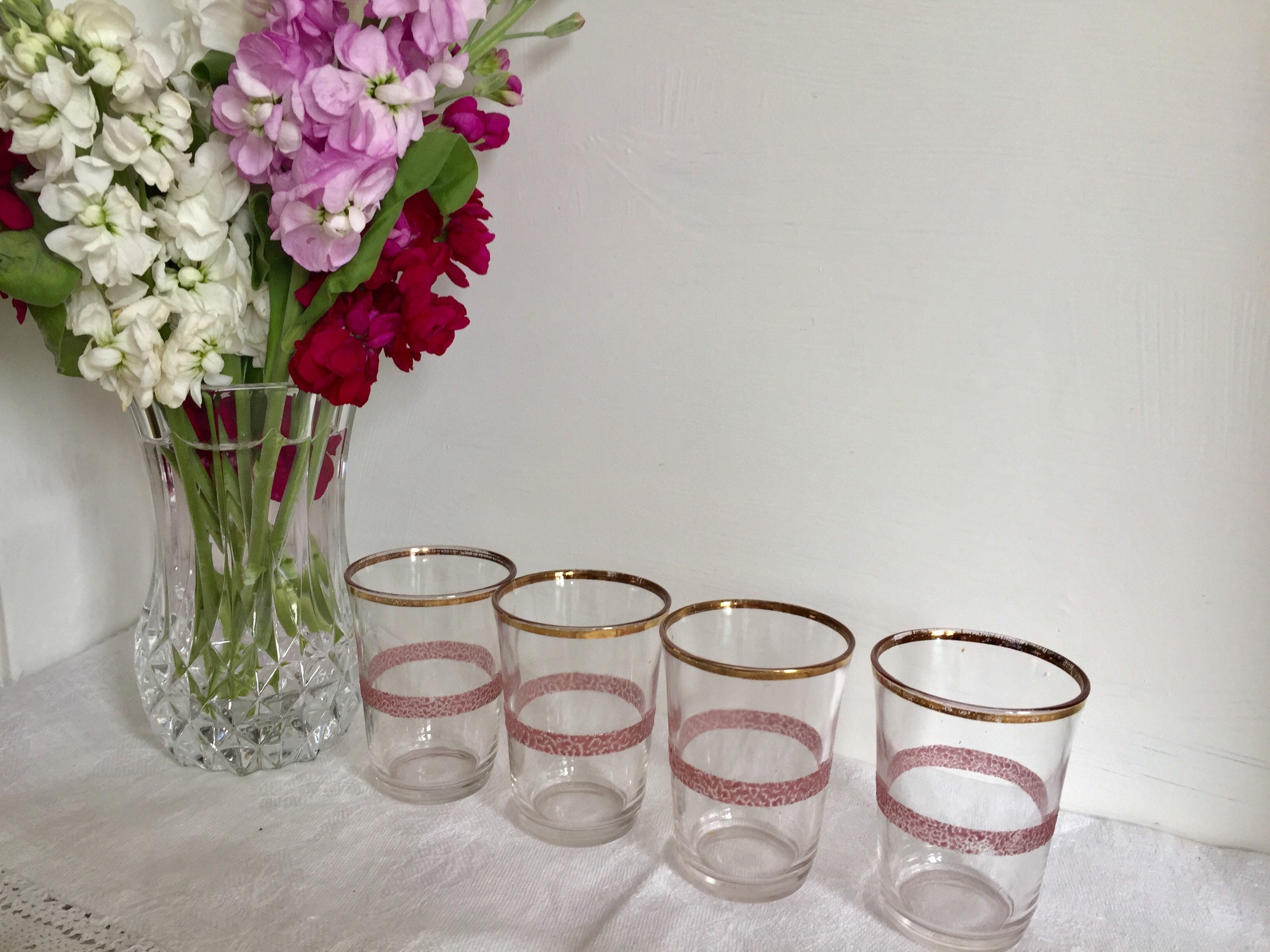 Vintage 4 1950's Shot Glasses. Pink Band. Etsy UK