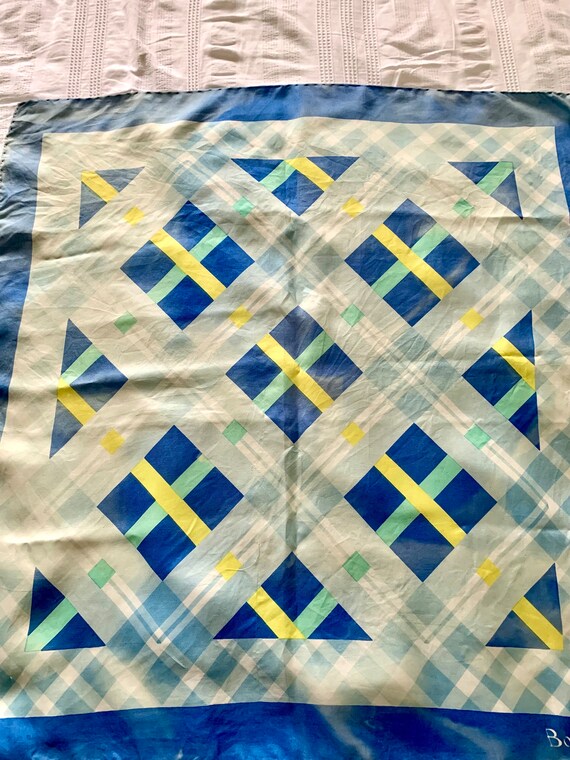 Vintage Silk Scarf: Blue, Green, and White Geometric Print (29x32)