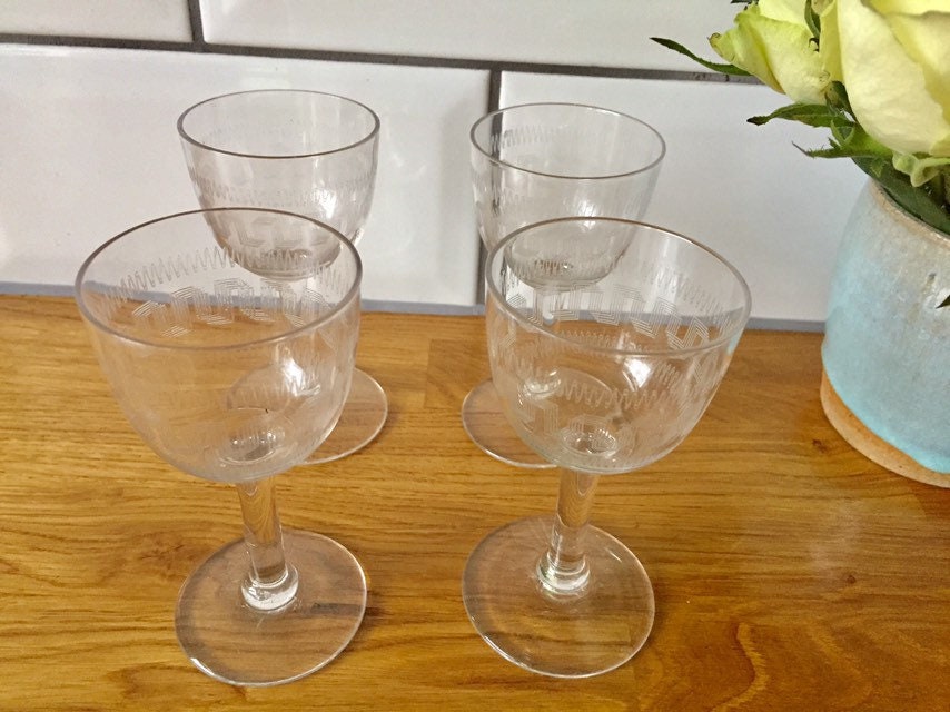Antique Edwardian Etched Crystal Sherry/port Glasses. Set of Four