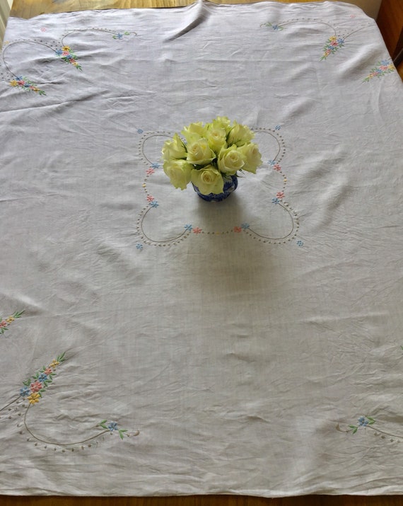 From Sweden＊Vintage linen Cloth・* Large Swedish Vintage 1980s Unused Printed Square Linen