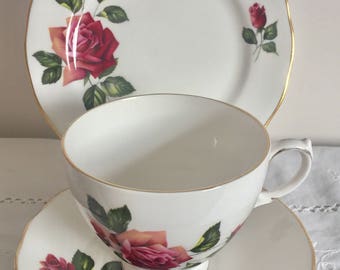 Vintage. Delicate and romantic Crown Essex. Staffordshire. Charlotte tea cup, saucer and plate trio.