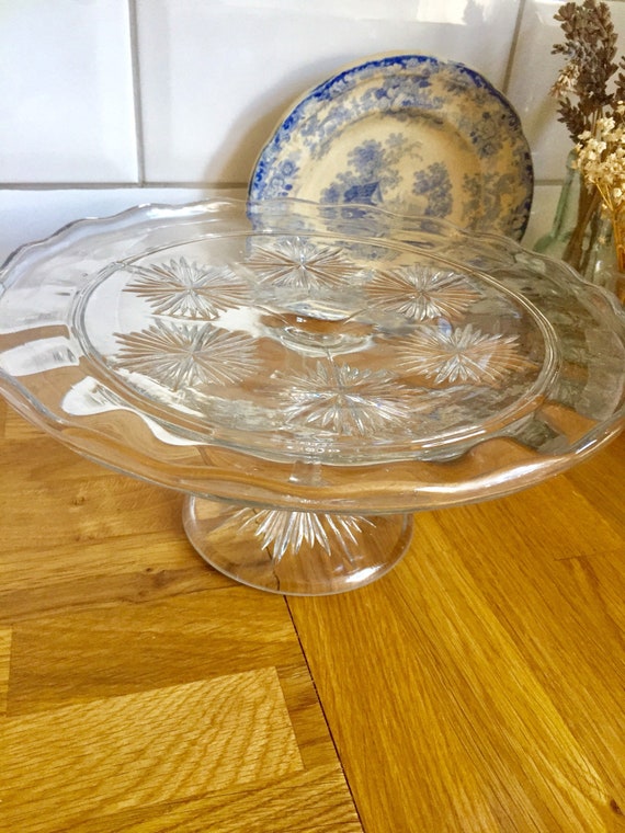 Vintage 1930 s Clear Lead Glass Footed Cake Plate. Cake Stand Etsy Canada