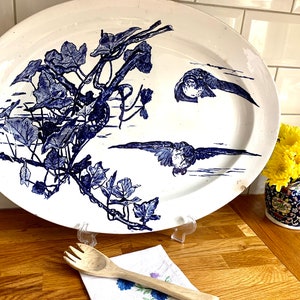 Antique blue and white transferware platter. Meat plate. Serving platter. Nature stamped. Ironstone