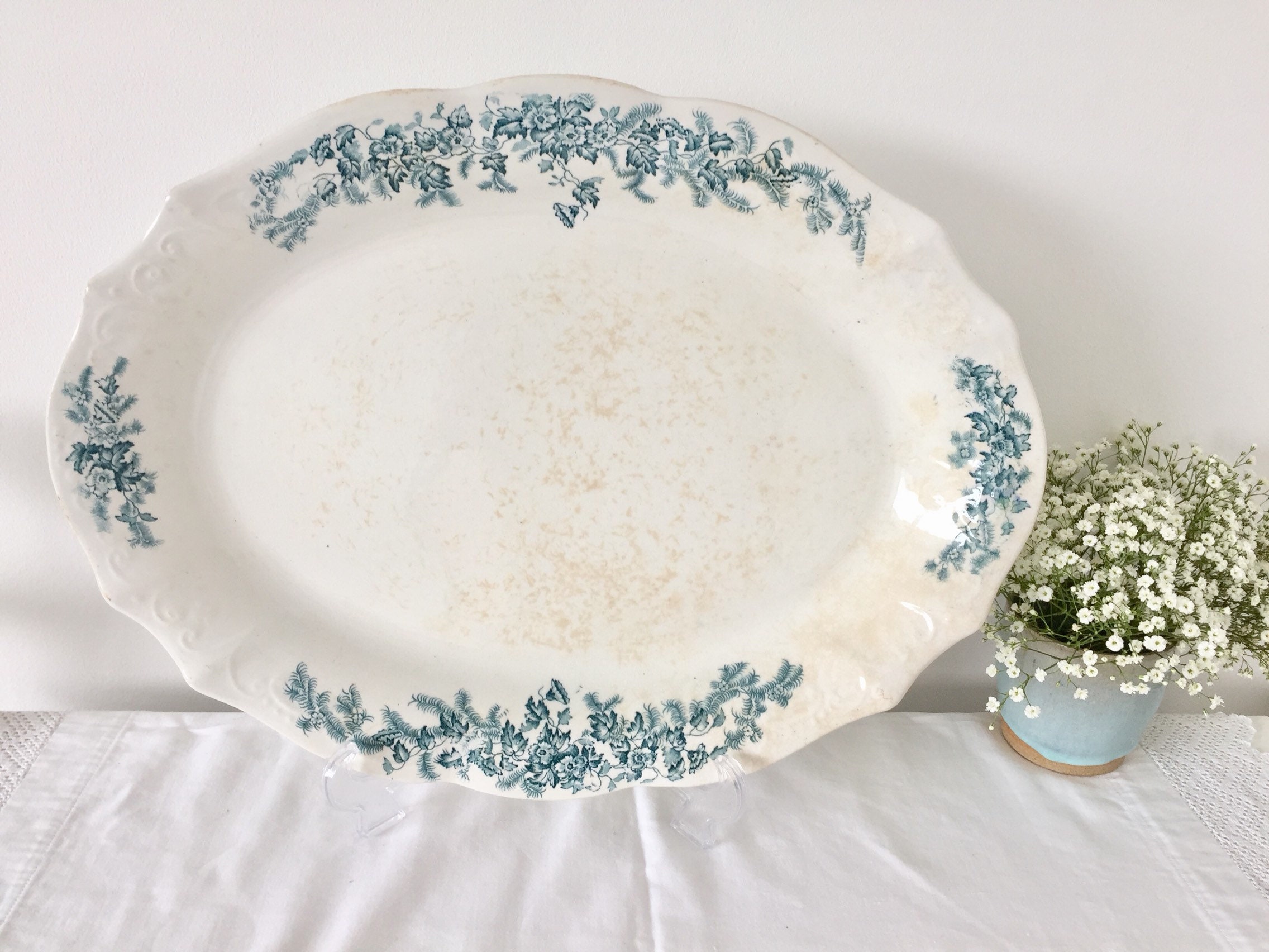 イギリス プレート ブルー&ホワイト Dean's Burslem ３枚セット Antique Edwardian Deans Burslem Serving Plate/platter. - Etsy