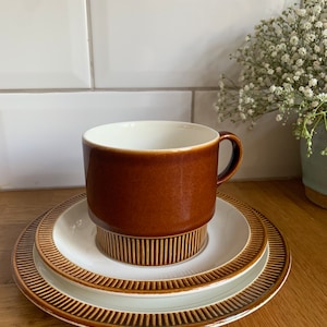 Puede incluir: Un juego de taza y platillo de té a rayas marrones y blancas. La taza y el platillo tienen un borde marrón y un centro blanco. La taza tiene un asa.