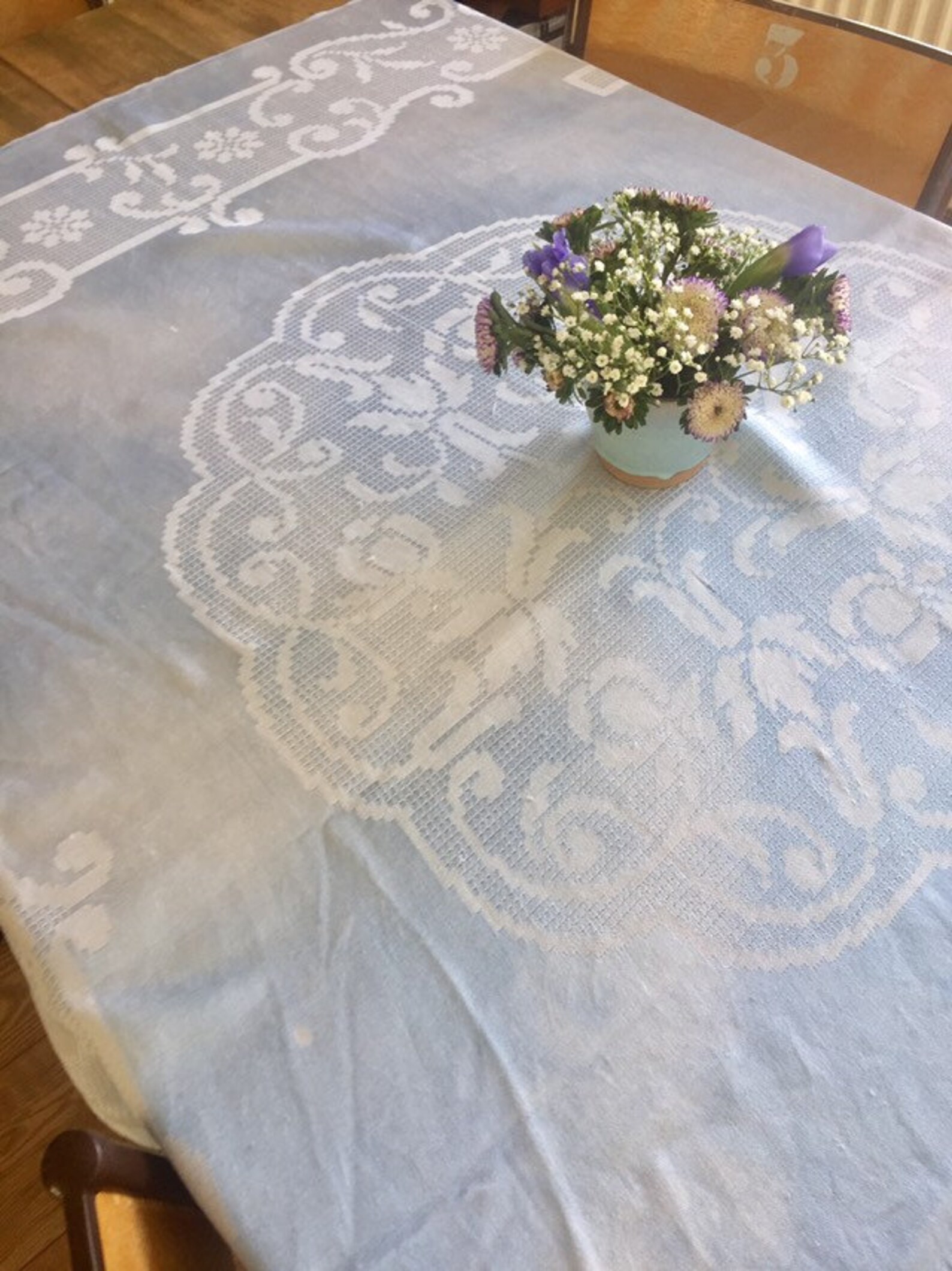 Vintage blue and white damask tablecloth. Etsy