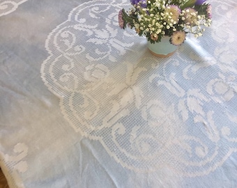 ヴィンテージフローラルテーブルクロス：ブルーダマスクリネン、81